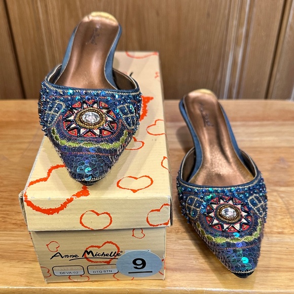 Anne Michelle Blue and Green Sequin Mules - Picture 1 of 6